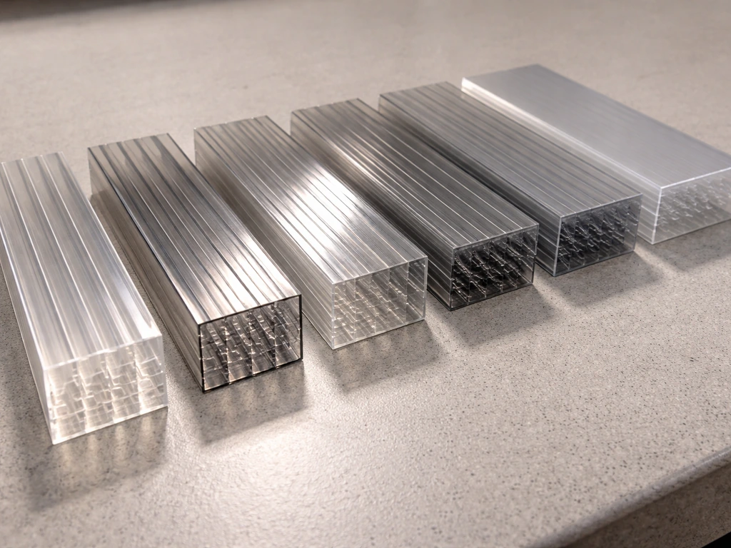 Twin-wall polycarbonate samples of different thickness and coatings laid out on a workbench.
