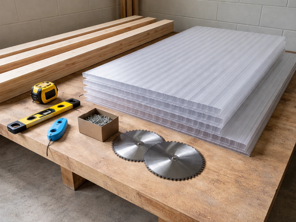 Polycarbonate patio roof materials and tools laid out on a workbench: sheets, screws, beams, and measuring tools.