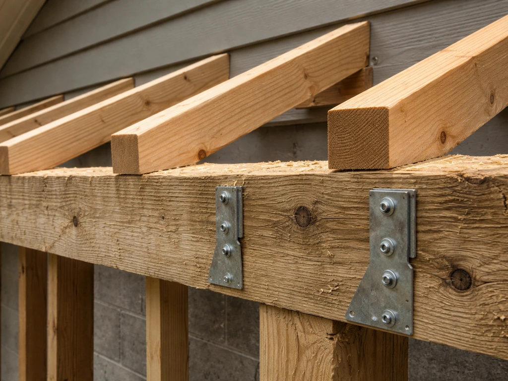 Close-up of a lean-to roof frame with a bolted ledger board and rafters resting on the outer beam.
