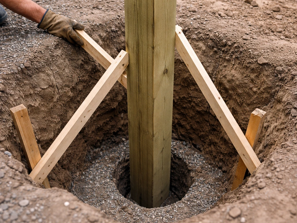 Auger-drilled footing hole as a wood post is held upright with temporary bracing and stakes.
