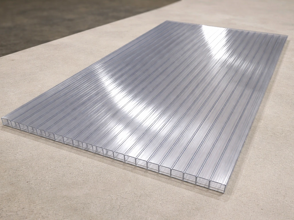 Close-up of twin-wall polycarbonate sheet with UV-coated face up and channels aligned with roof-slope direction
