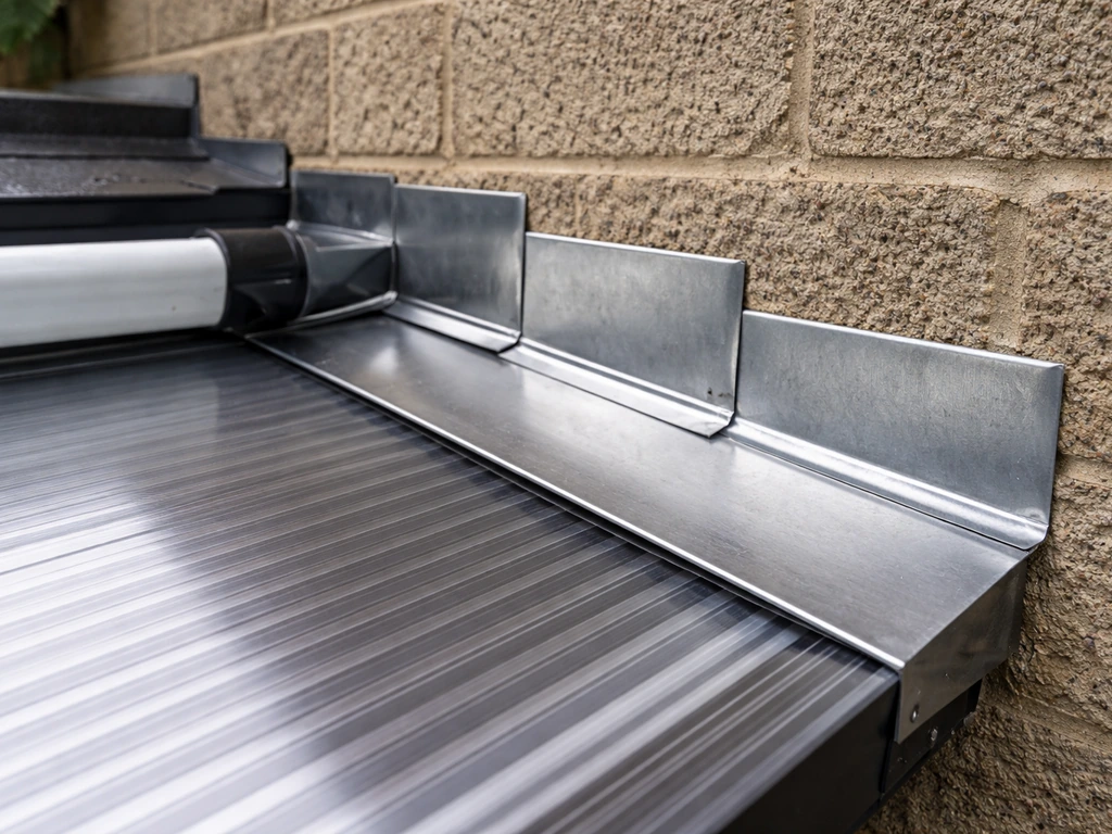 Close-up of roof step flashing at a house wall junction with sealed seams and water-shedding overlap, near a gutter.