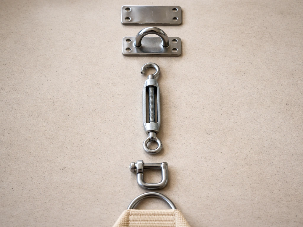 Close-up of a shade sail corner hardware stack with pad eye, turnbuckle, shackle, and corner ring