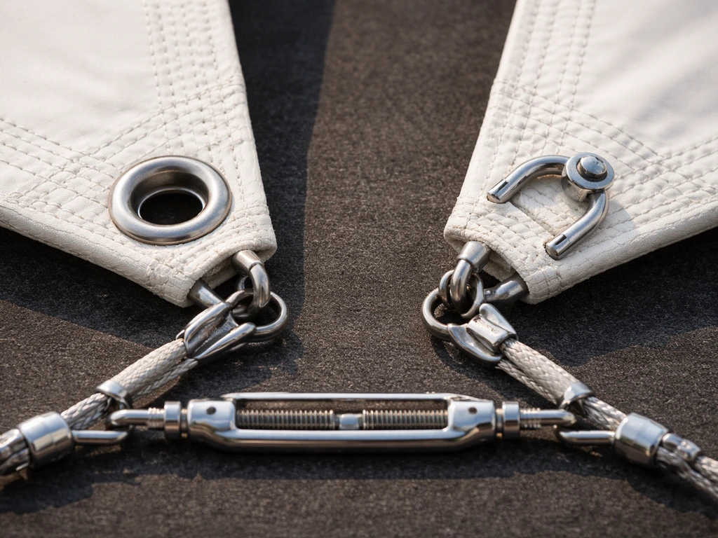 Side-by-side sail corner hardware showing grommet vs D-ring and a turnbuckle tensioning setup.