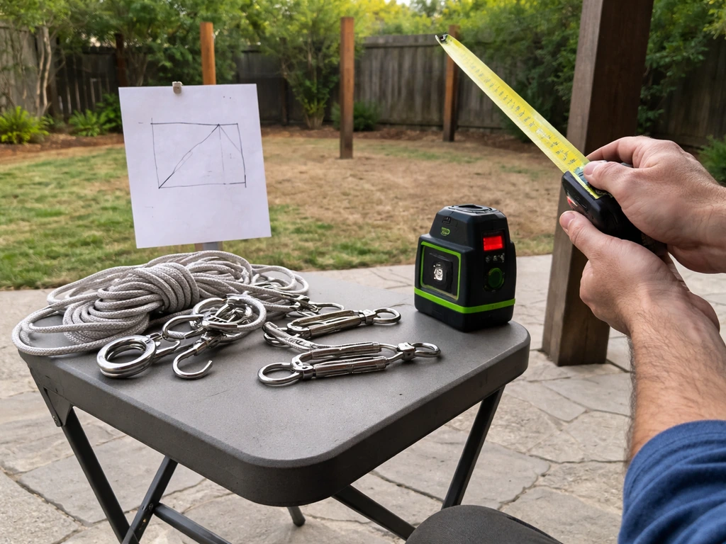 Hands measure and level an outdoor shade-sail anchor area with a simple sketch before drilling.