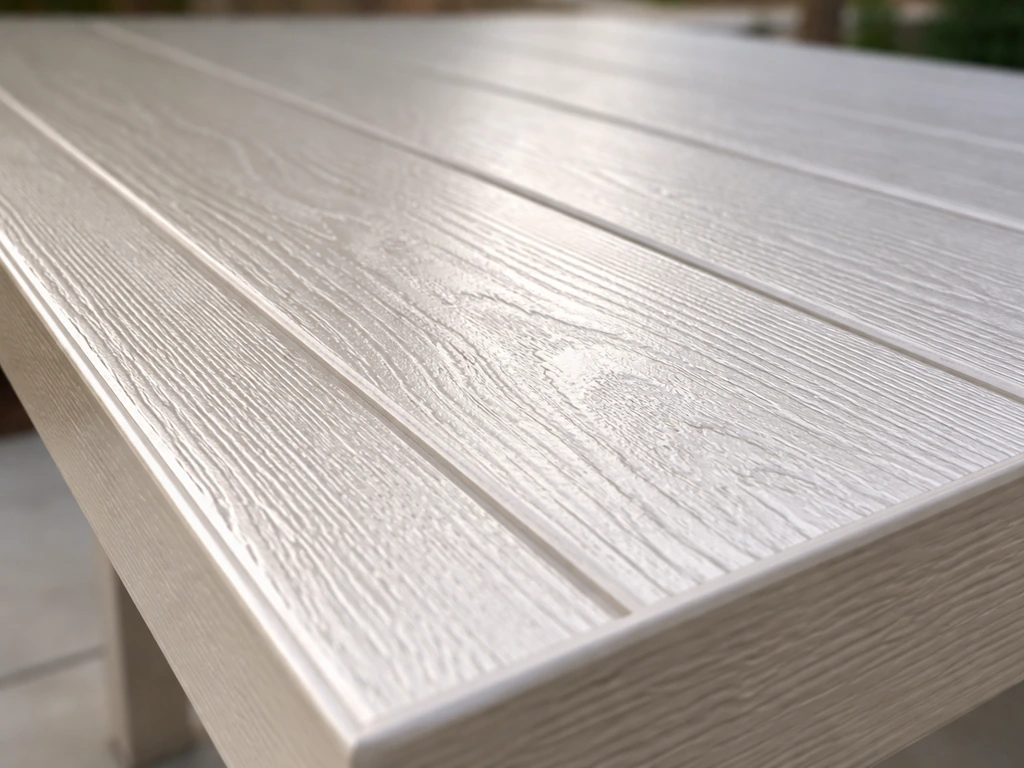 Close-up of an alumawood patio cover’s wood-grain embossed texture in natural outdoor light