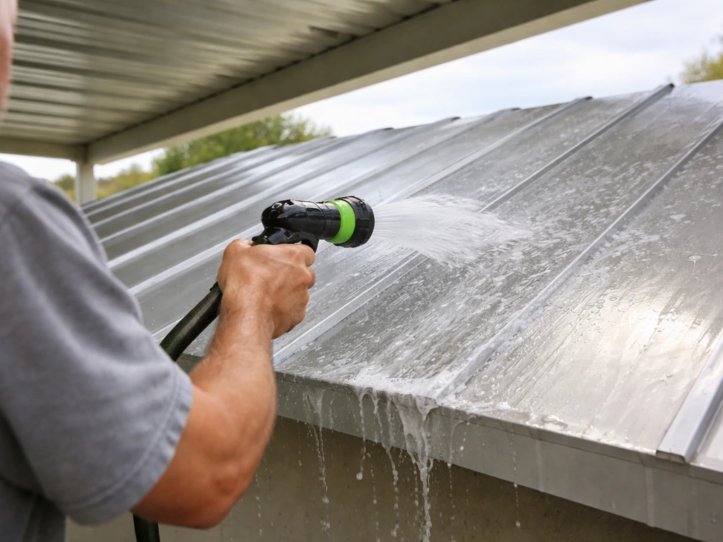 Garden hose rinses an aluminum patio cover after degreaser scrubbing, water running over the metal.