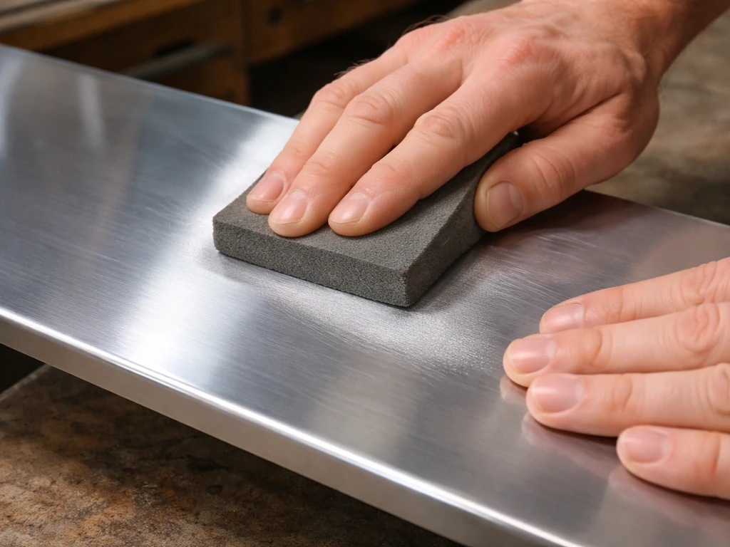 Hand sanding a small glossy aluminum section with fine sandpaper and a sanding sponge