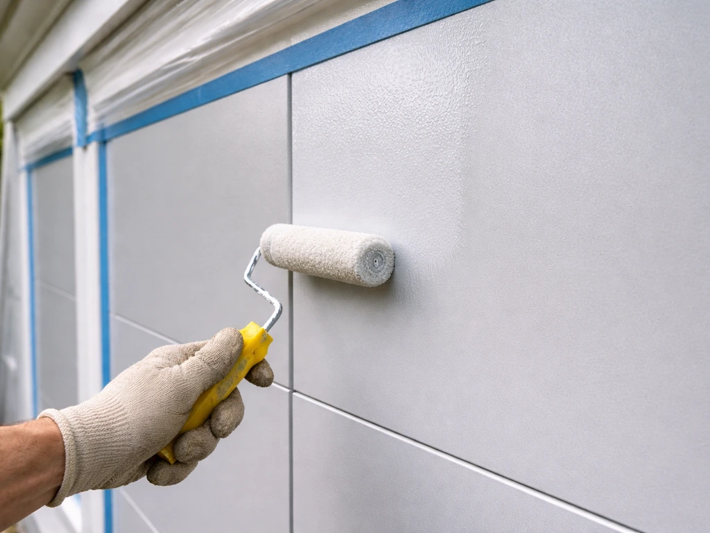 Hand rolling bonding primer in thin coats over flat aluminum panels with masked edges and covered trim