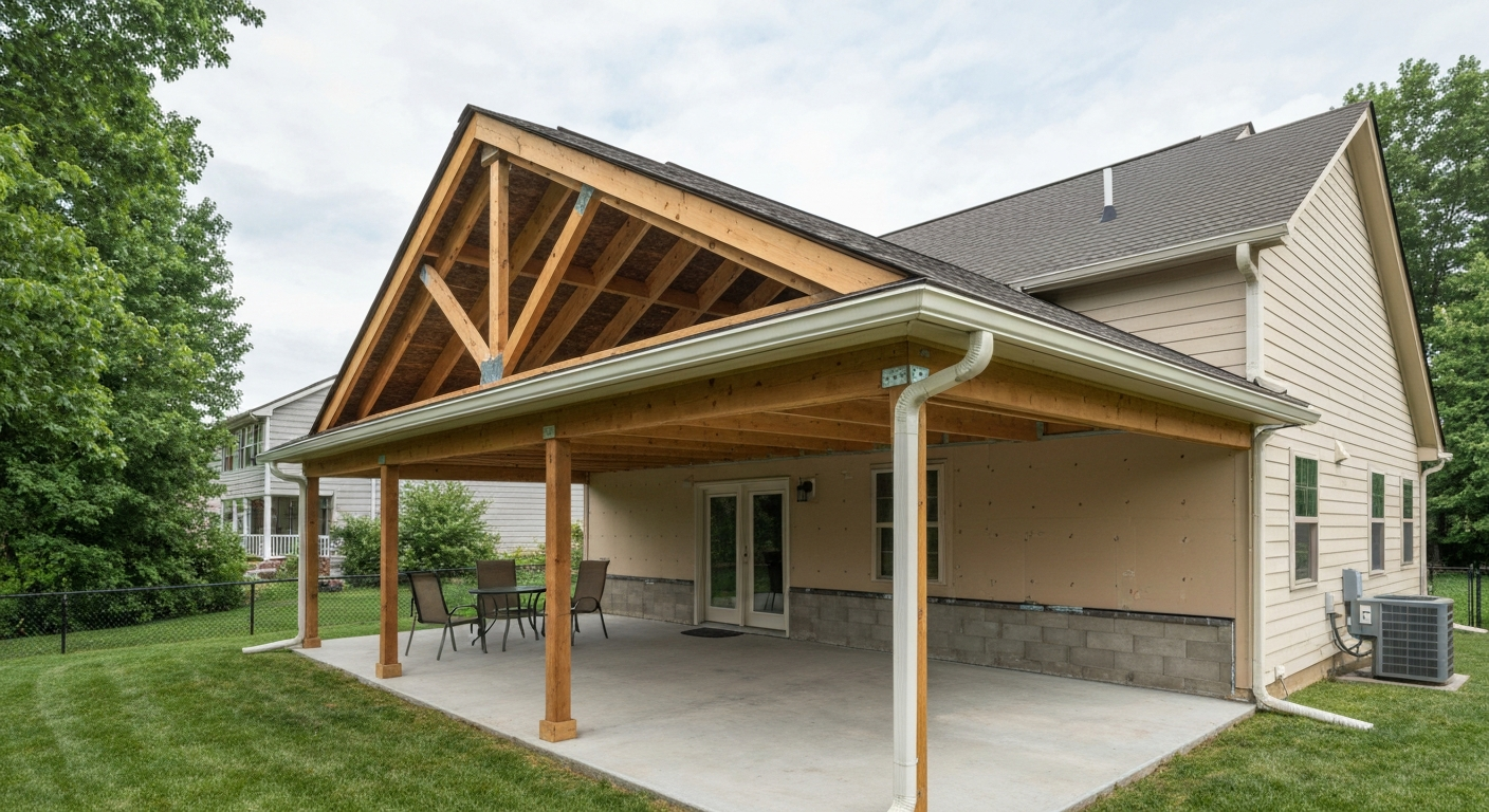 Wide daytime photo of an attached lean-to covered patio showing posts, beams, rafters, and the ledger connection with flashing.
