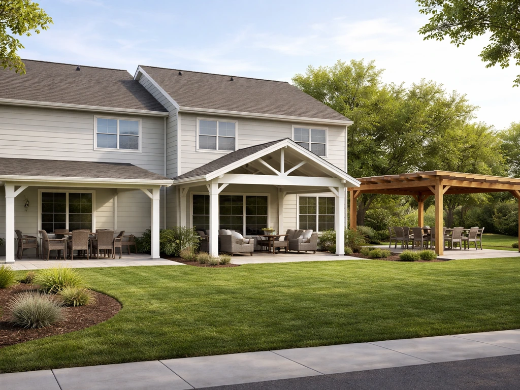 Three simple patio cover styles side-by-side on a home exterior: lean-to, gable peaked, and freestanding.