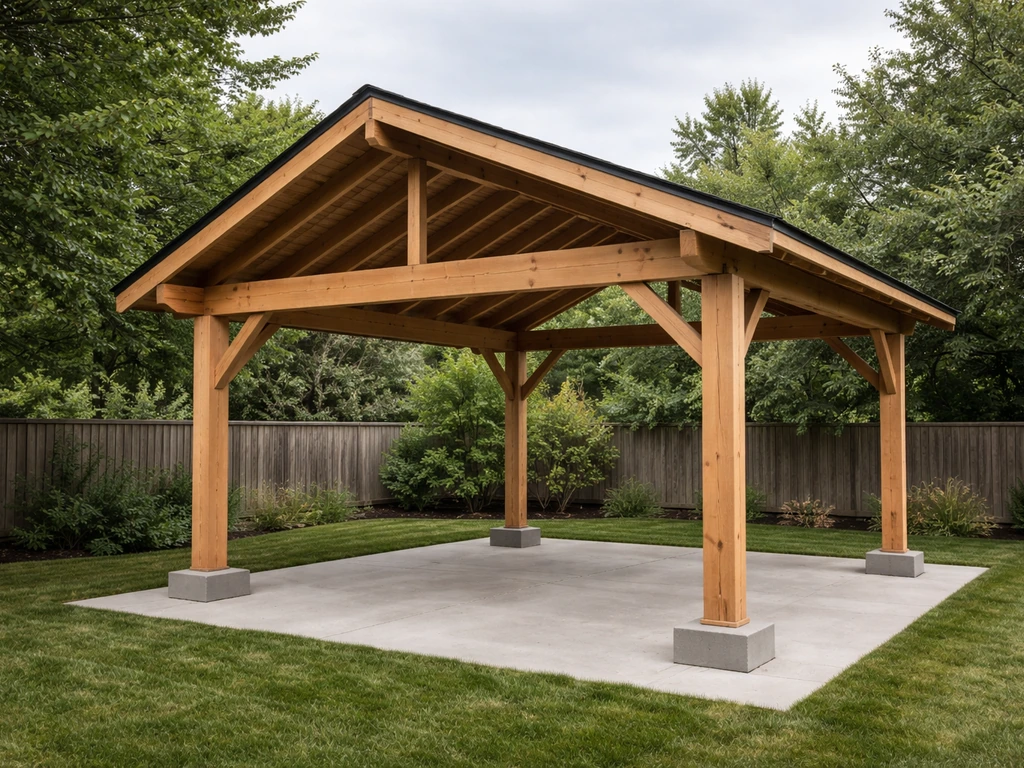 Freestanding post-and-beam patio cover with gable roof, showing timber posts on concrete footings.