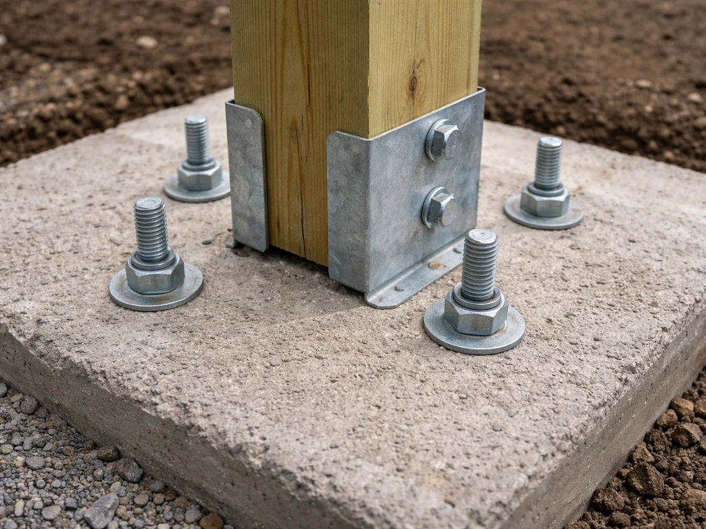 Close-up of concrete footings with anchor bolts and metal hardware transitioning into a vertical wood post frame