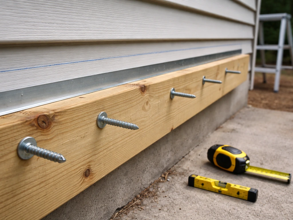 Ledger board and flashing being aligned on a house wall with screws and a chalk line visible.
