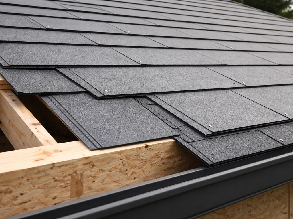 Roof panels being installed over framing, showing overlaps and fasteners with visible water-slope direction.
