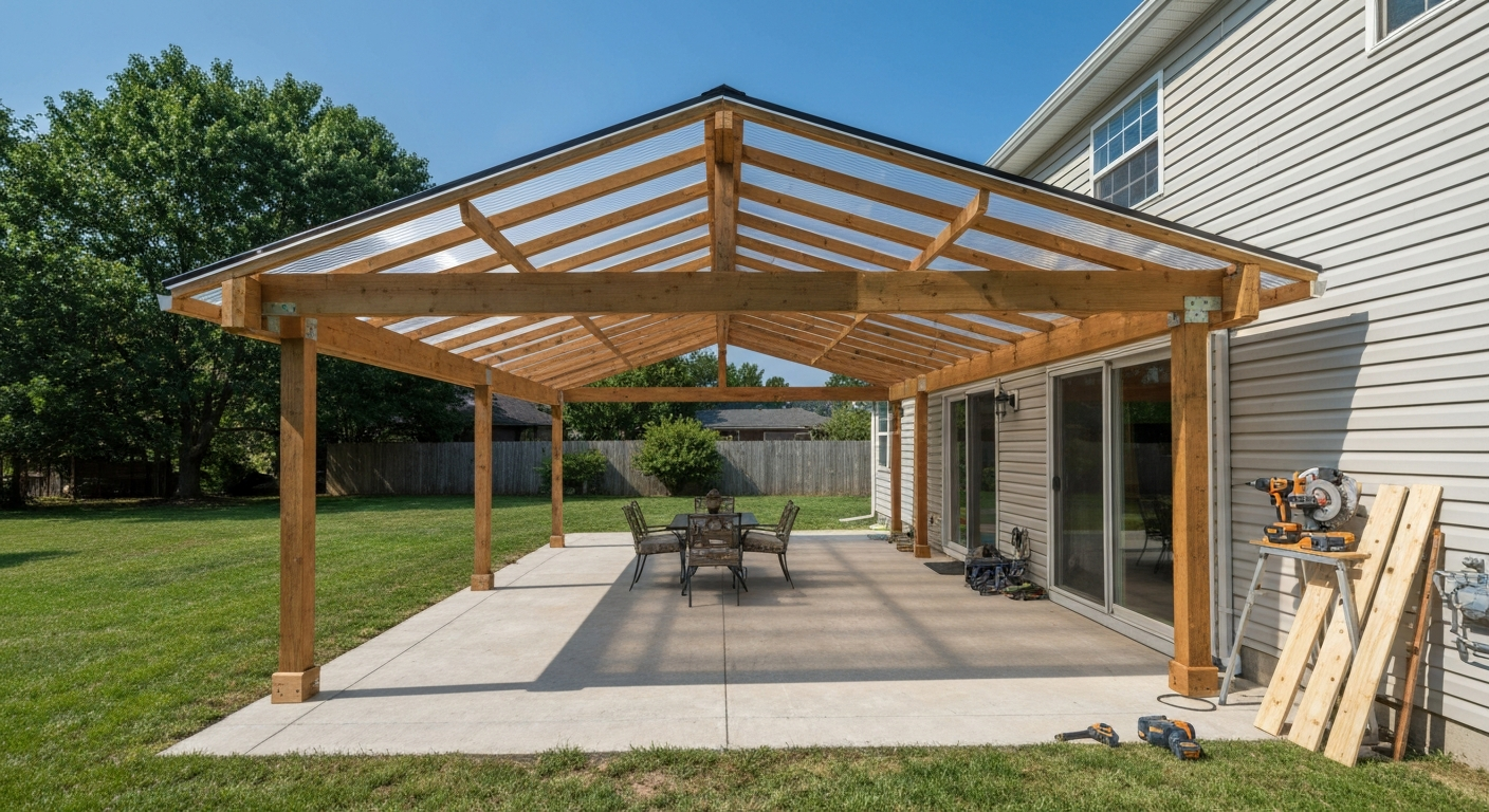 Completed 10×12 wood lean-to patio awning with corrugated polycarbonate roof attached to a house, patio furniture underneath, and tools stacked nearby.