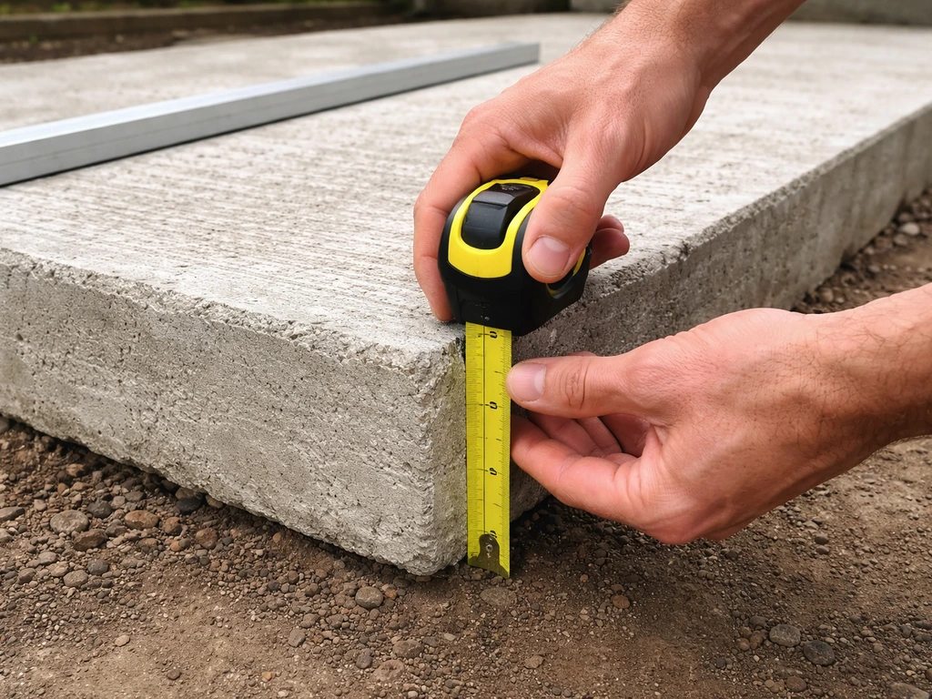 Close-up of measuring a concrete patio slab thickness with a tape measure on an outdoor patio surface.