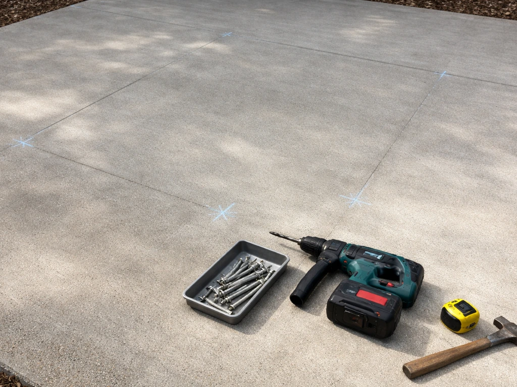 Clean patio with chalk-marked post points and tools, including a rotary hammer drill and wedge/sleeve anchor bolts.