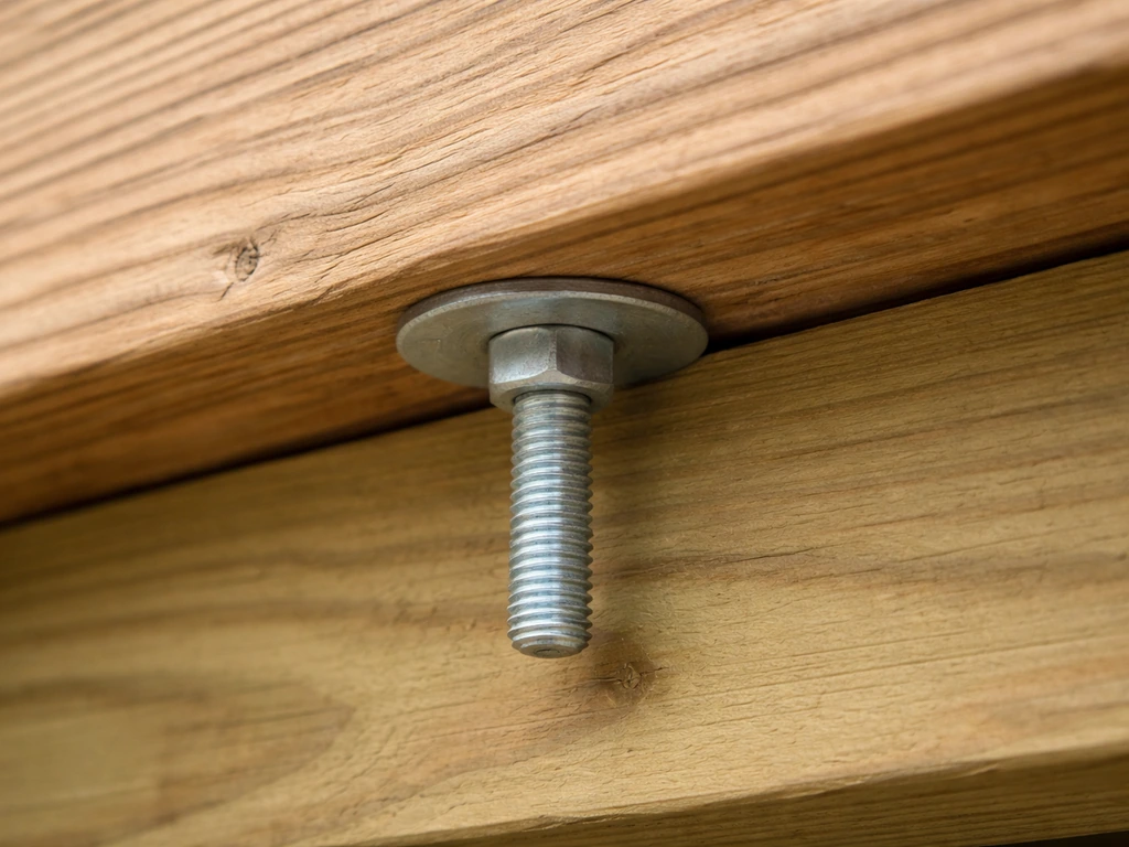 Close-up of a wood deck board fastened with a through-bolt and large washer over a joist.