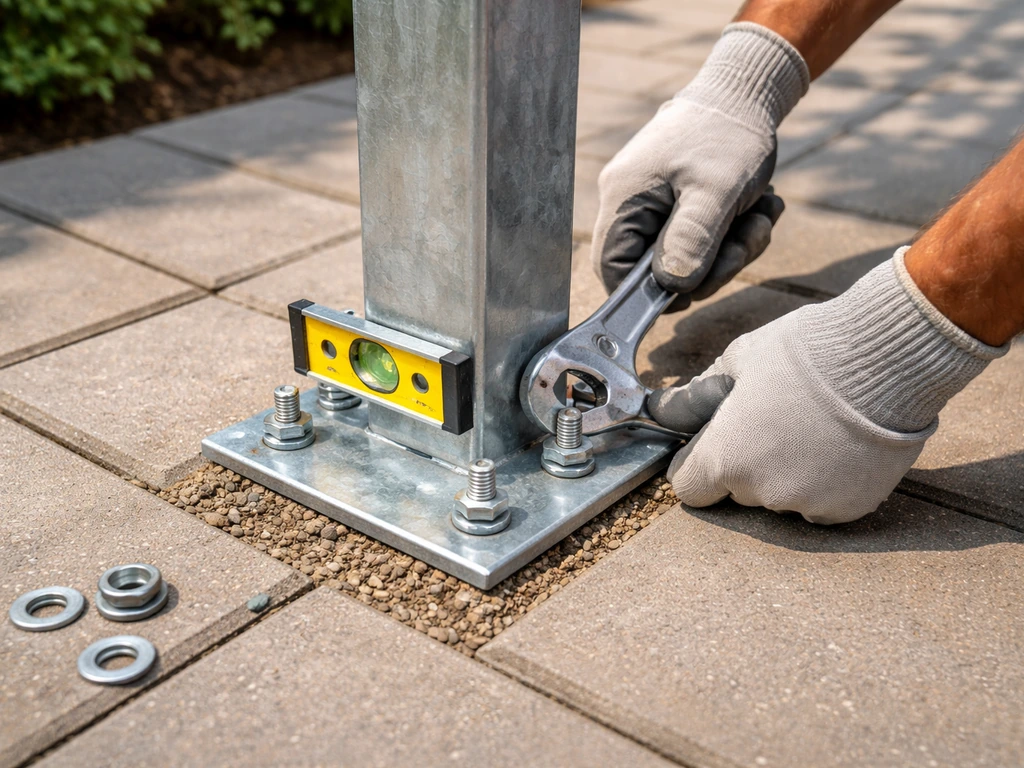 Worker leveling and tightening gazebo post base on anchor bolts over a patio during installation