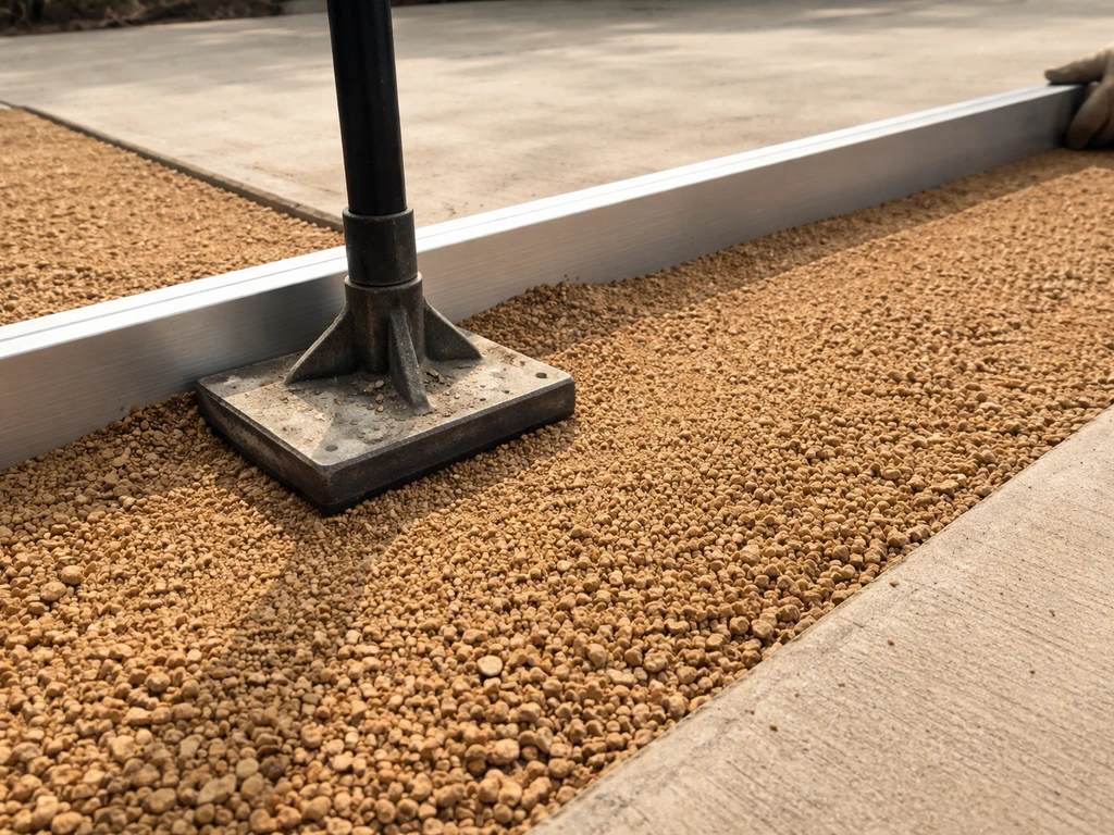 Close-up of decomposed granite being leveled and compacted near a patio edge for a DIY patio cover