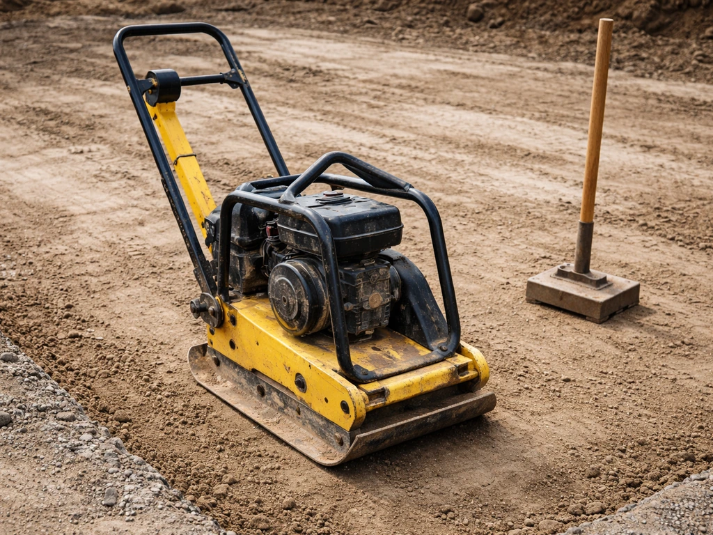 Rented plate compactor on prepared ground with a hand tamper set nearby for edge work