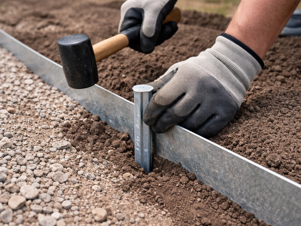 Gloved hands drive a galvanized edging spike into soil to secure gravel border in place.