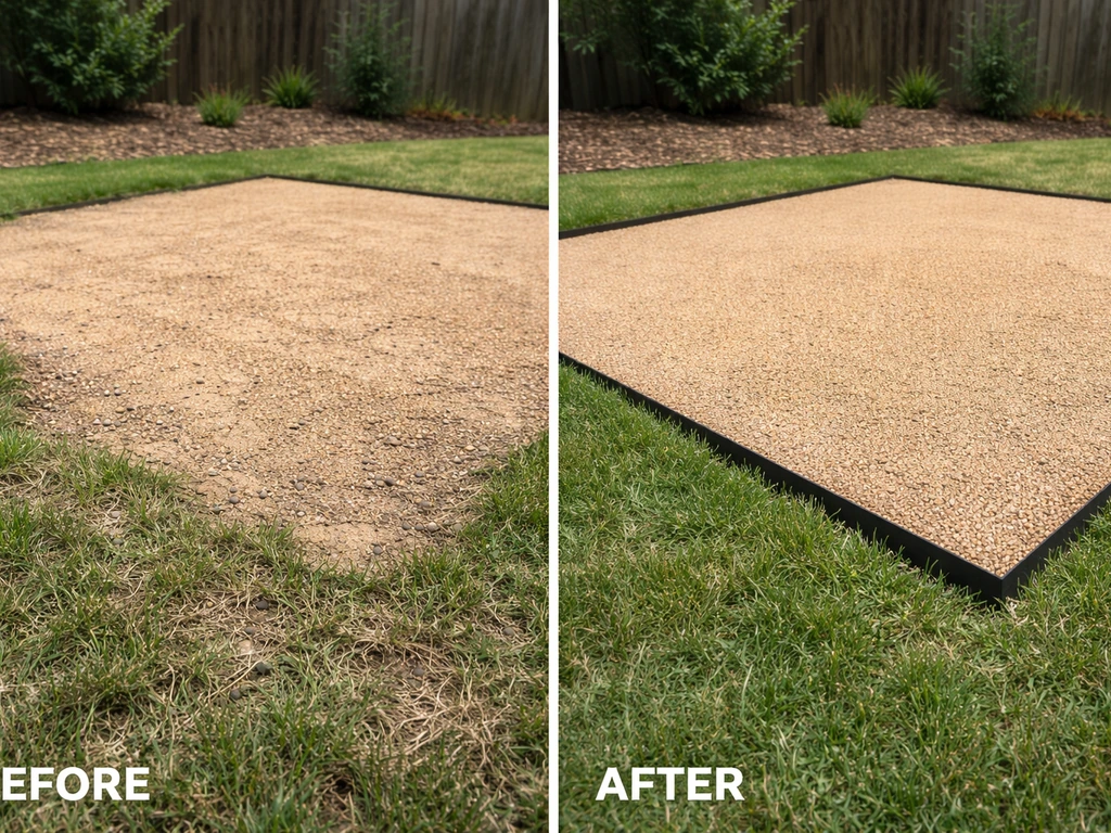 Split before/after photo showing missing edging and uneven, poorly compacted decomposed granite patio vs neat bordered s
