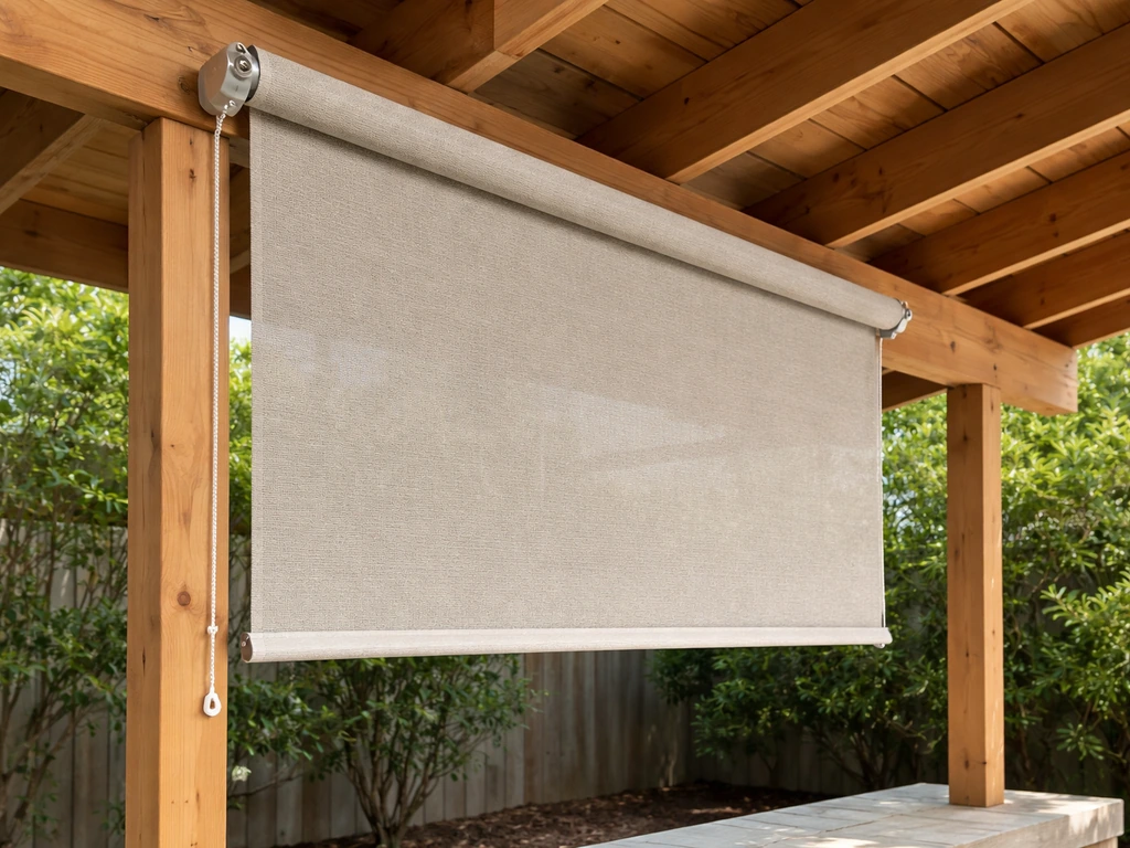 Outdoor patio with a roller blind mounted and partially rolled down under a covered structure.