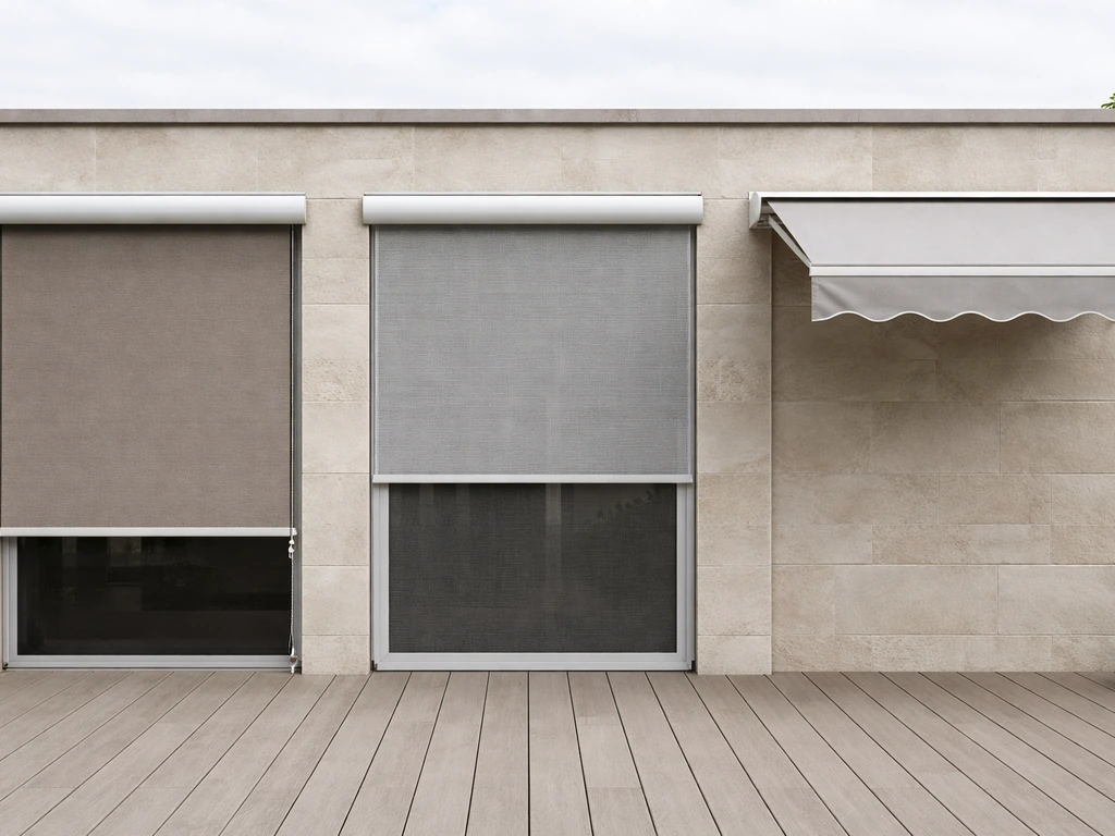 Three outdoor patio blind types—roll-down shade, solar screen, and retractable awning—shown side by side.
