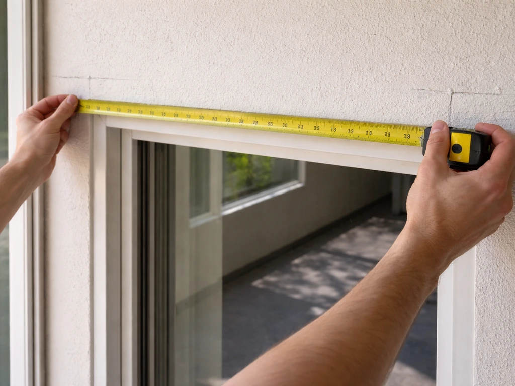 Person measuring a patio opening with a tape measure while marking mounting points on the wall.