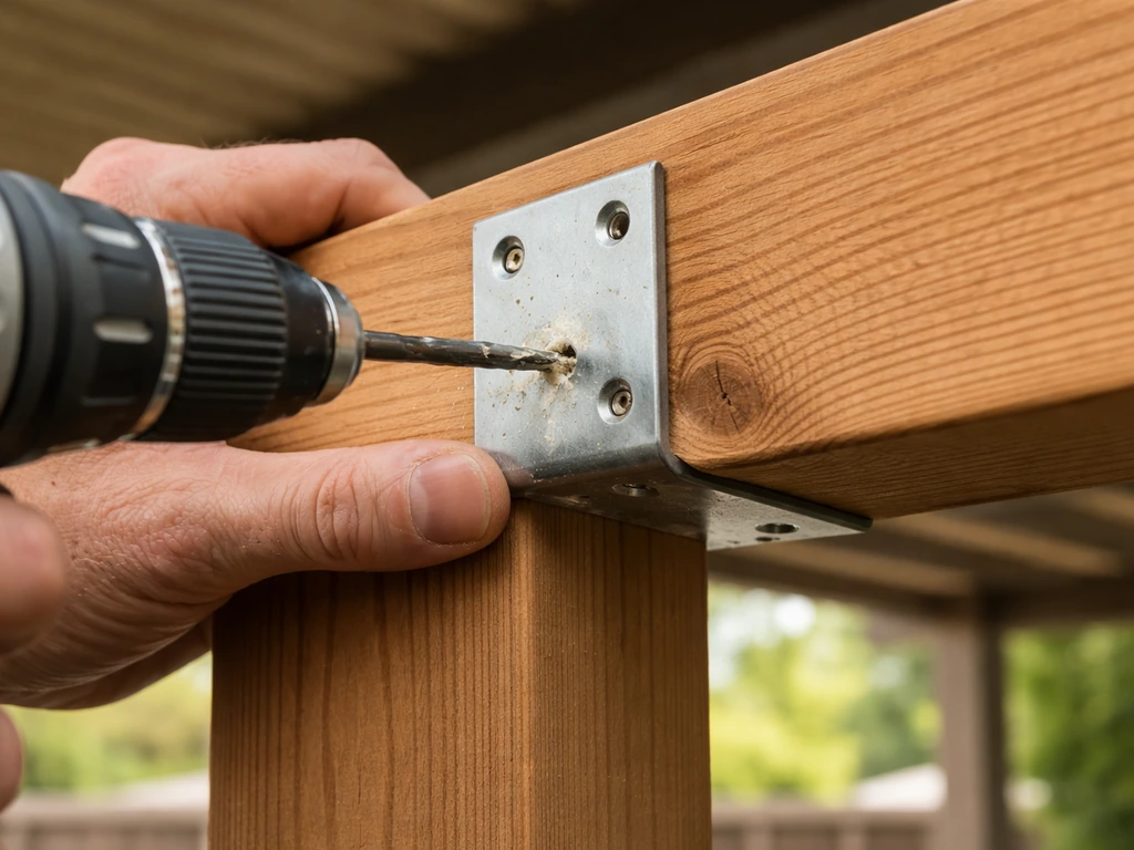 Close-up of a drill bit making a pilot hole in a wooden beam with a metal bracket mounted.