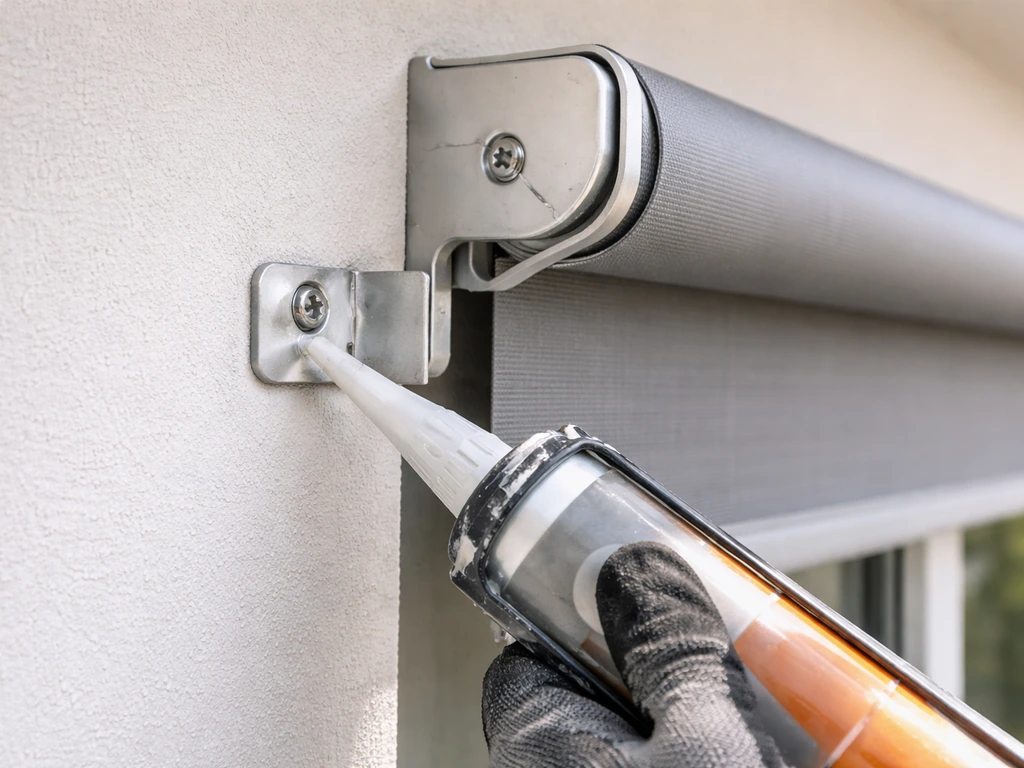 Technician applies exterior sealant around a mounted bracket hole; window shade rolls smoothly in the background.