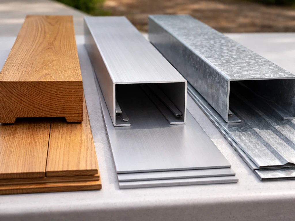 Close-up comparison of wood, aluminum, and metal patio cover frames and panel profiles.