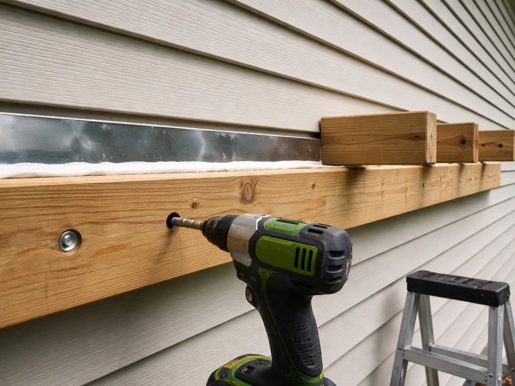 Worker’s hands attaching a ledger board to a house wall with flashing and sealant beneath rafters