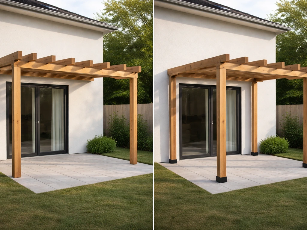Split view of a patio showing an attached pergola with ledger connection versus a freestanding post layout.
