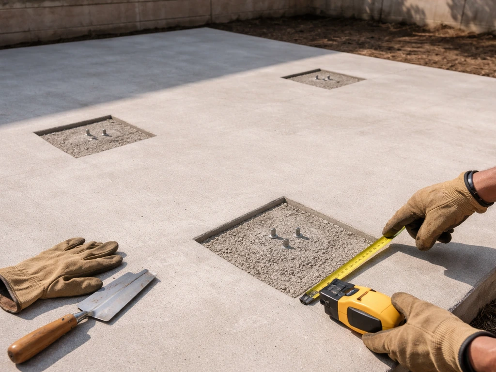 Contractor inspecting a concrete patio with visible post-foot locations and an anchor-ready surface.