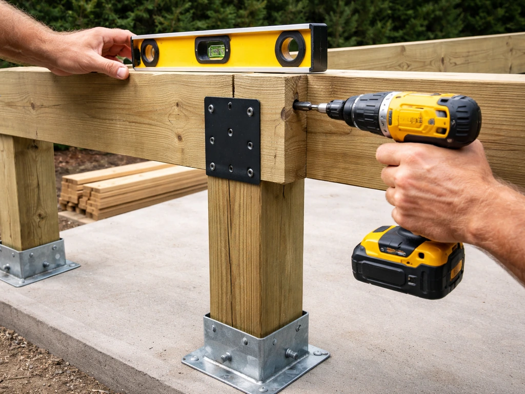 Close view of outdoor deck framing: posts with bases as beams and rafters are aligned and fastened