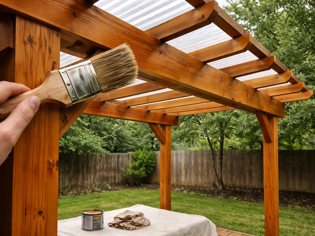 Finished pergola with stained wood beams and translucent polycarbonate roofing panels over the rafters.