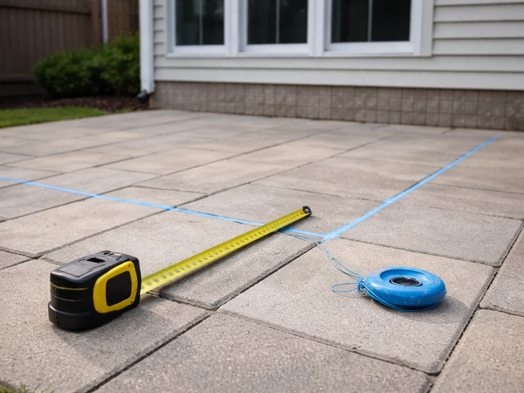 Tape measure and chalk line marking a patio footprint near a house