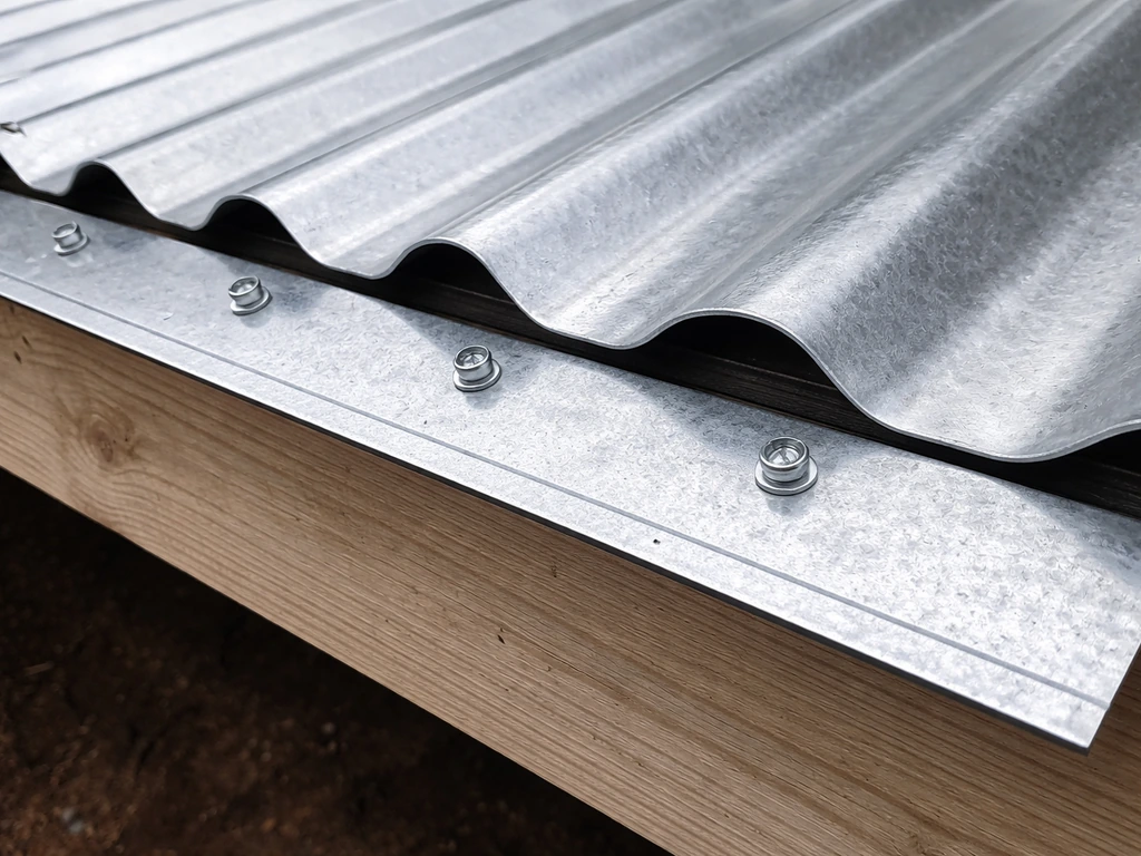 Close-up of a metal drip edge installed under corrugated roof panels, with fasteners visible.