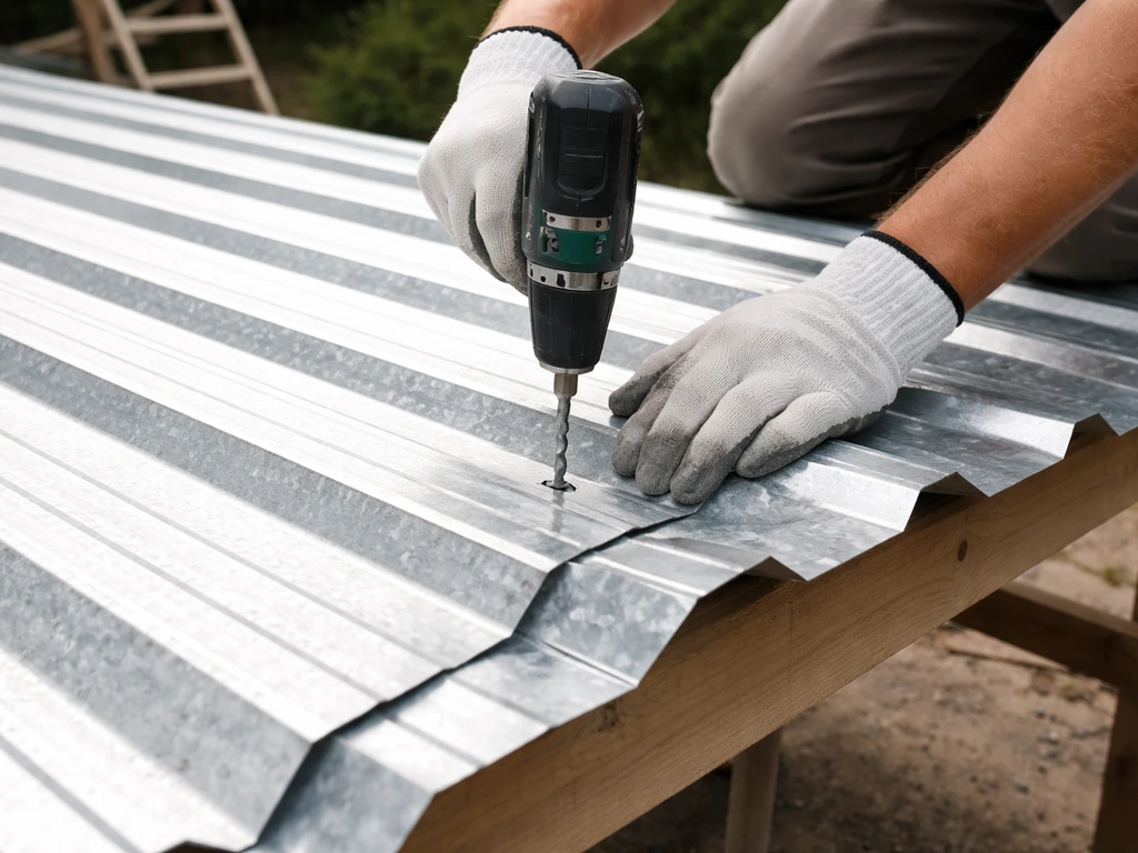 Worker aligning corrugated metal panels with side overlap and fastening screws at purlins outdoors.