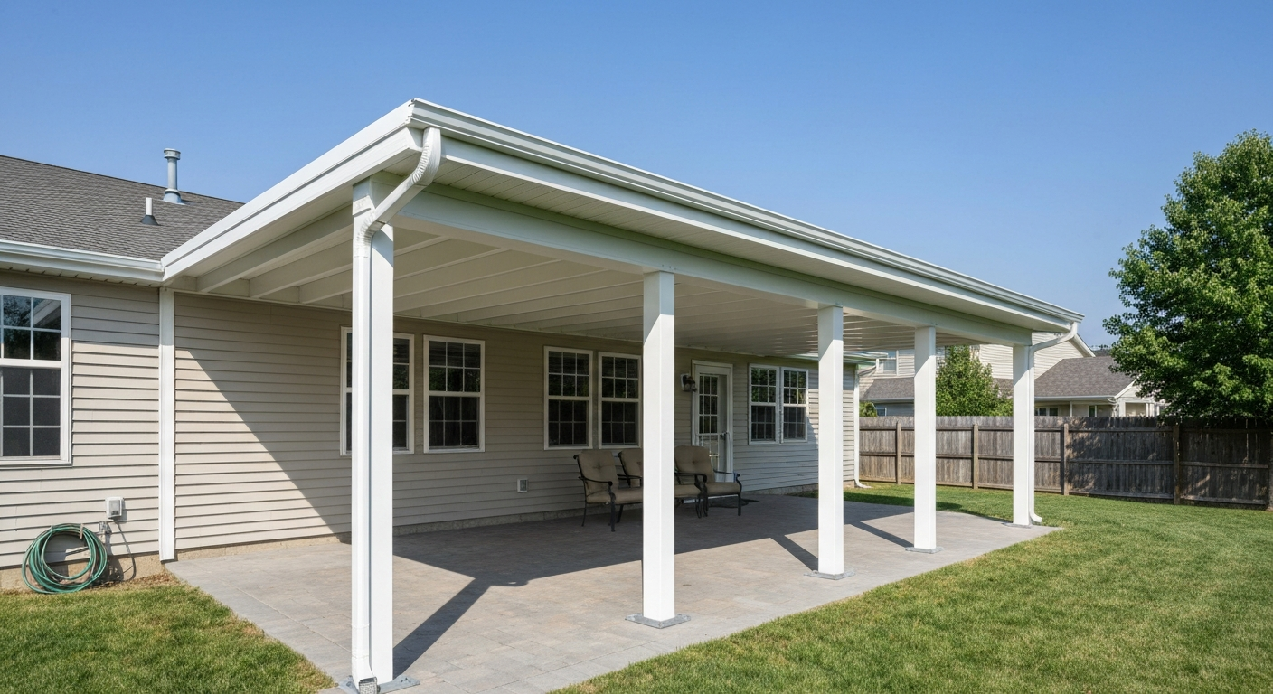 Finished attached lean-to vinyl patio cover (12x16) showing ledger, posts, beam, panels and integrated gutters on a suburban house.