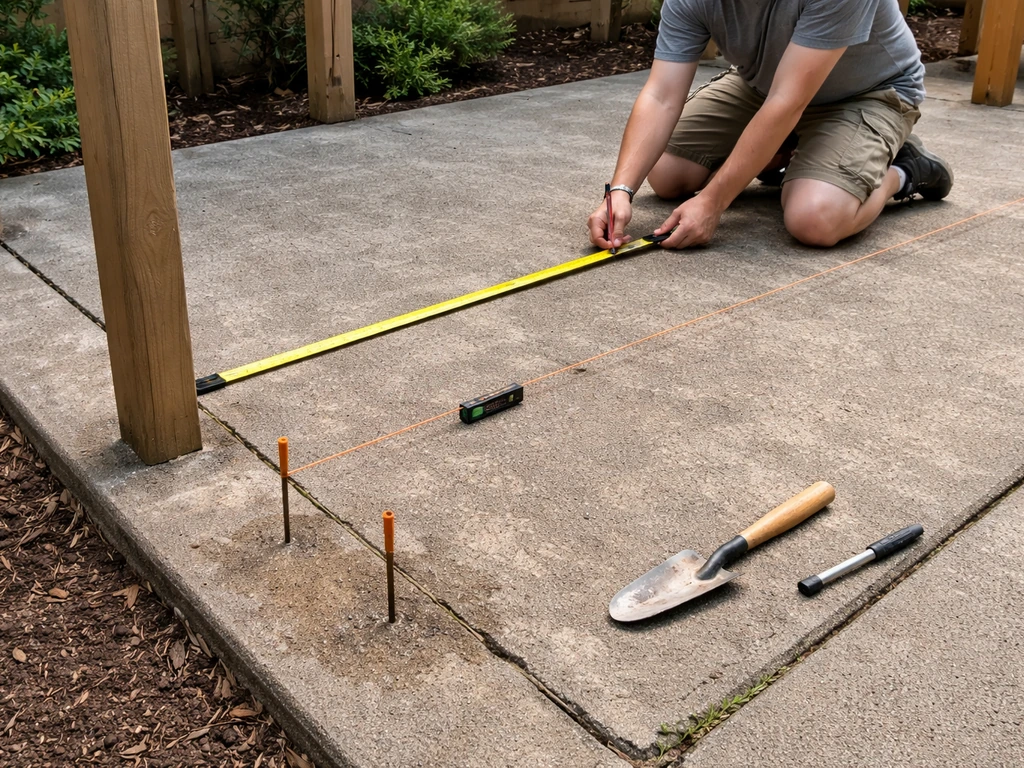 Person kneeling on patio marking corner points with a string line and tape measure for post anchor holes.