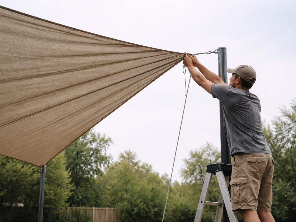 Installer adjusting a shade sail corner; diagonal fabric wrinkles show uneven tension