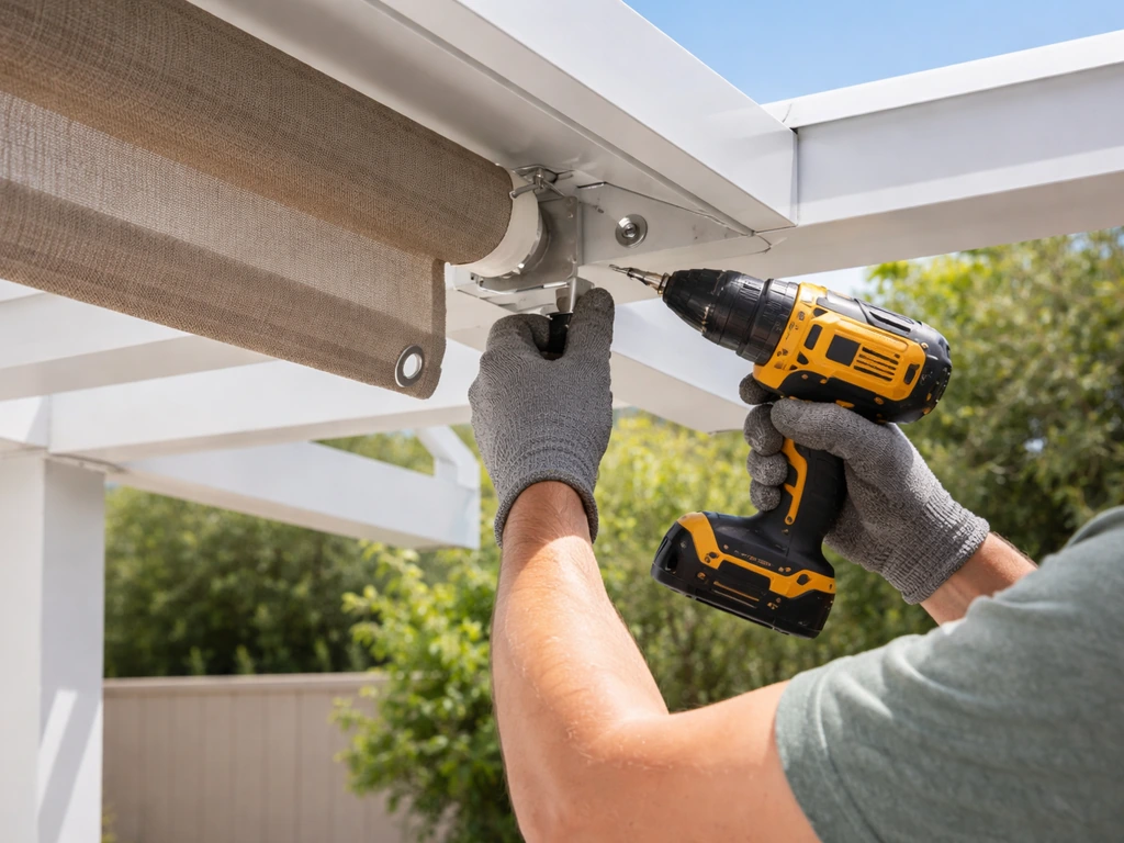 Gloved DIYer drilling sealed mounting points to attach a roller shade under an aluminum patio cover.