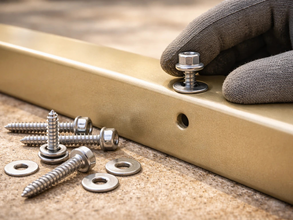 Close-up of stainless and coated screws with washers being test-fitted on an aluminum beam.