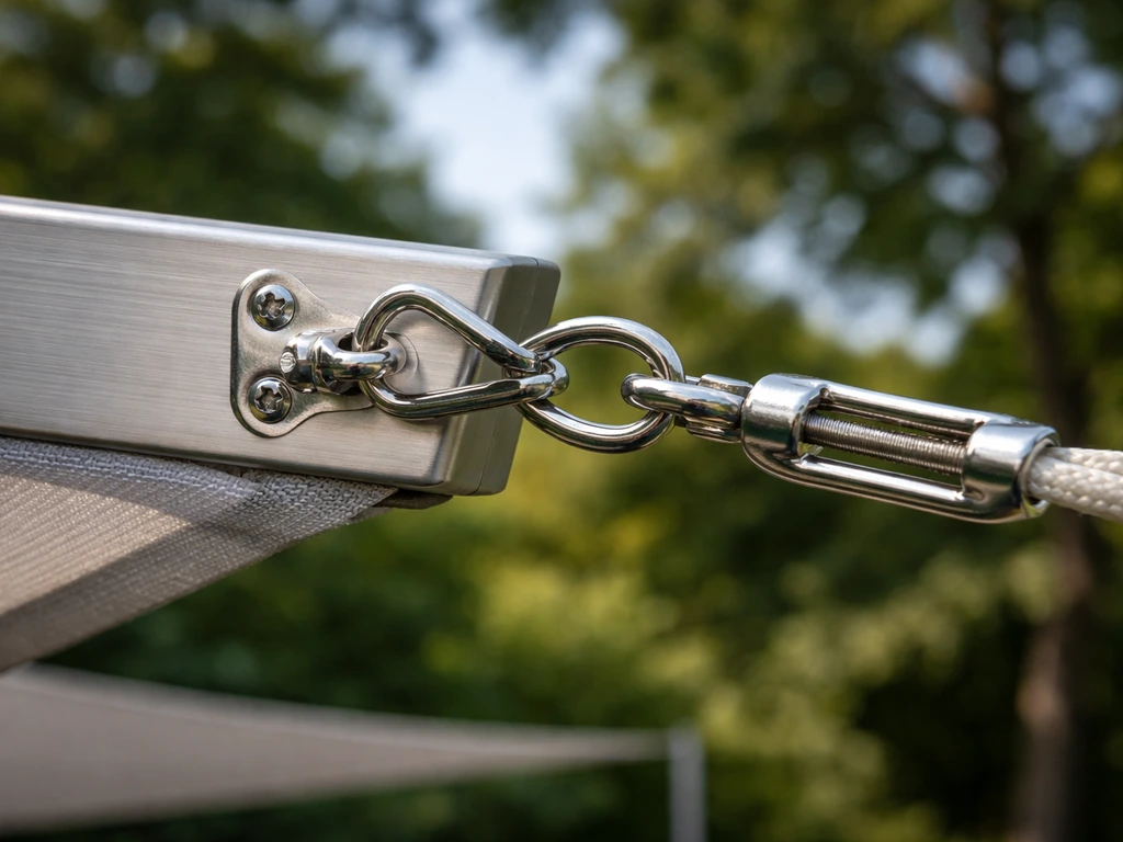 Stainless eye bolt corner on an aluminum cover with snap hook and turnbuckle alignment for a shade sail