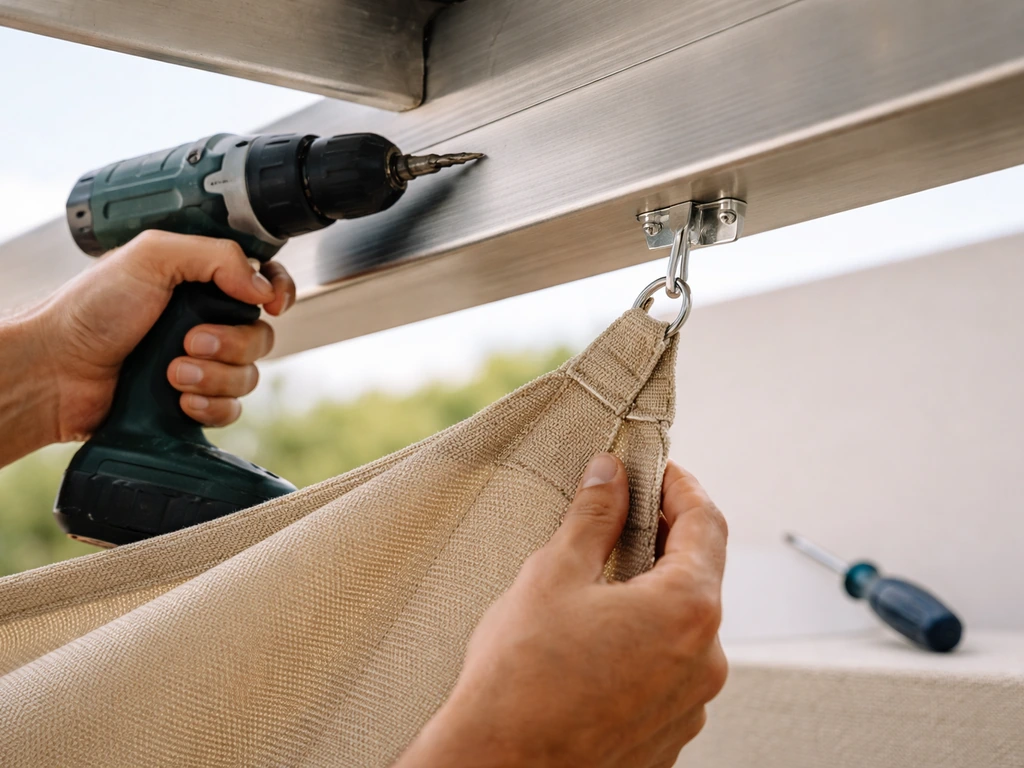 Hands drilling pilot holes on an aluminum patio cover while mounting a shade, with fabric being positioned.
