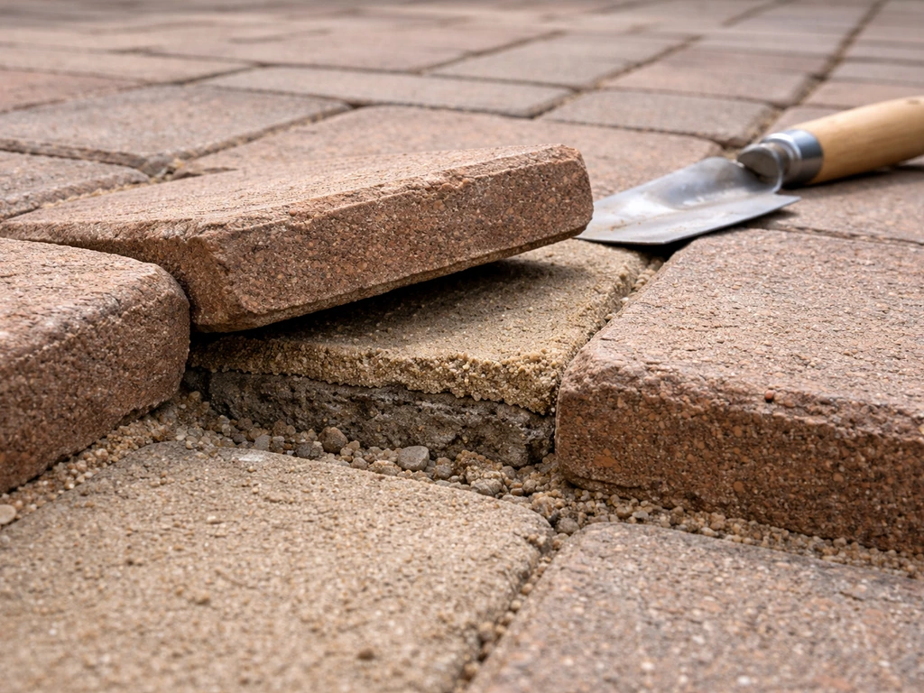 Close view of a brick patio edge with a lifted paver showing what’s underneath.